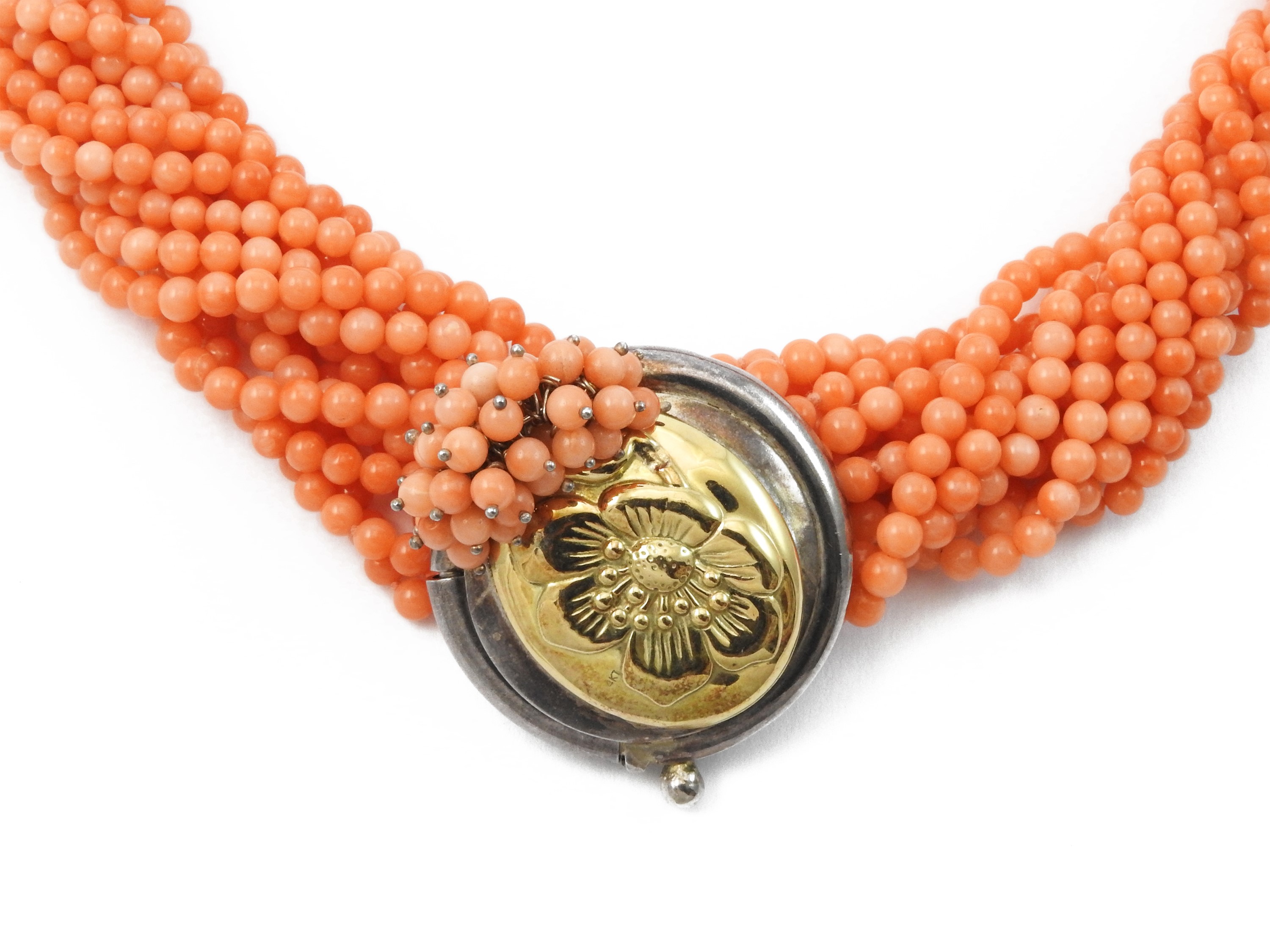 Girocollo multifilo in corallo rosa arancio con fermezza in oro giallo 585/1000 e argento