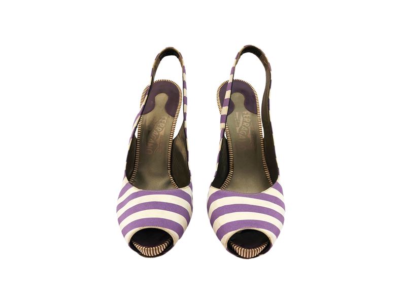 Salvatore Ferragamo, Sandali Peep Toe in Raso a Righe Bianche e Mora
