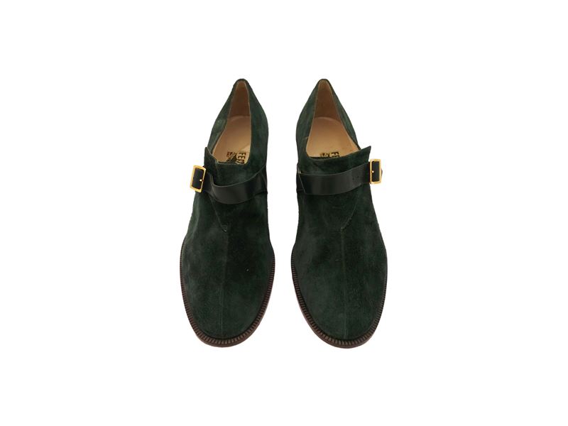 Salvatore Ferragamo, Scarpe Accollate con Fibbia in Suede Verde