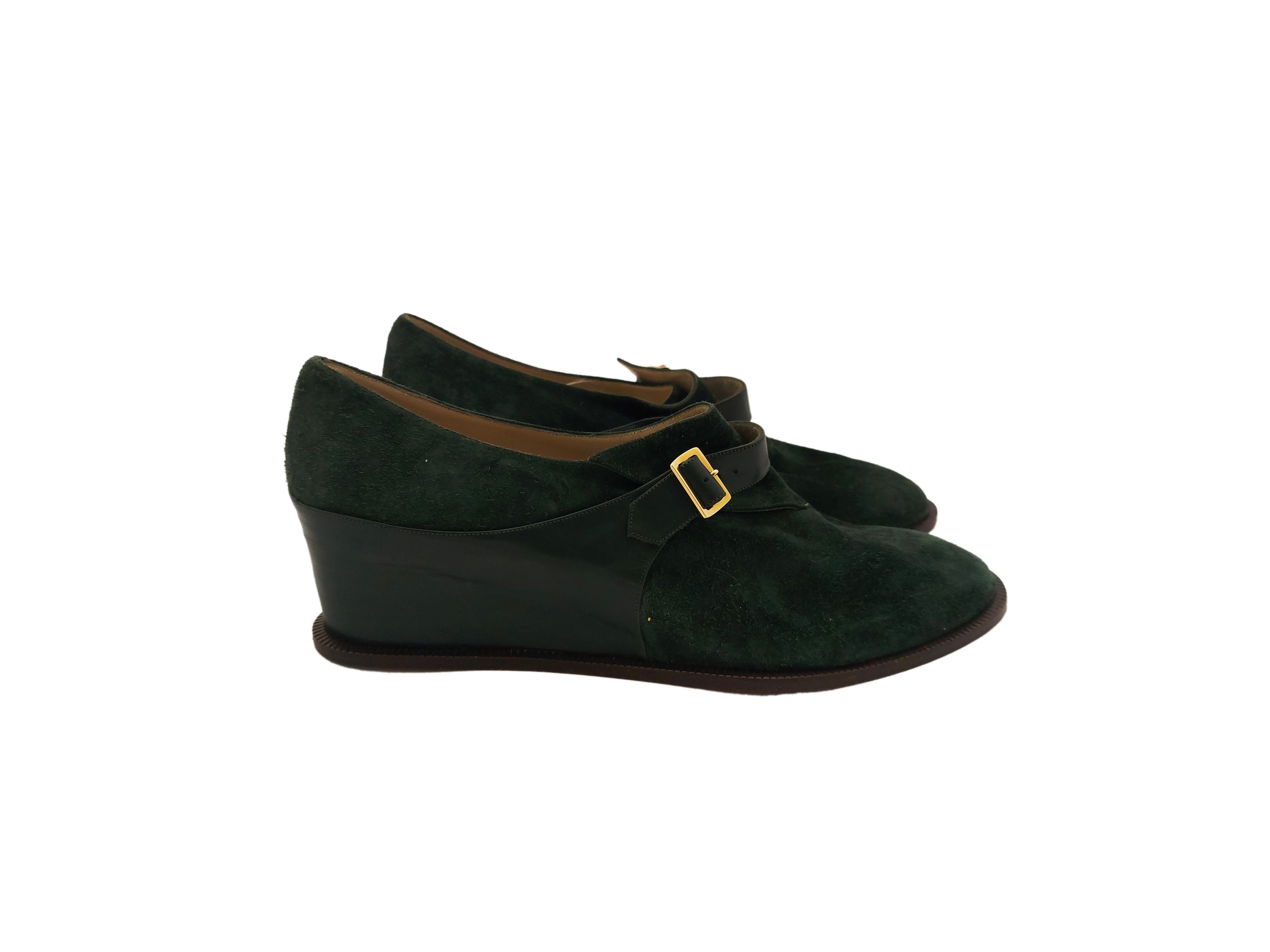 Salvatore Ferragamo, Scarpe Accollate con Fibbia in Suede Verde