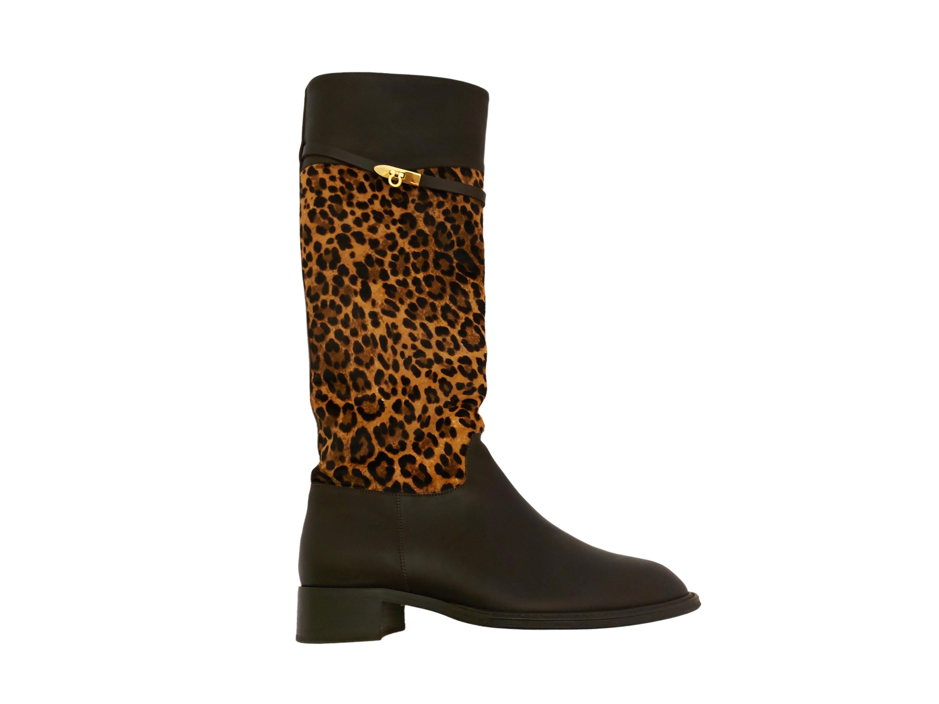 Salvatore Ferragamo, Stivali in Pelle Marrone e Cavallino Animalier