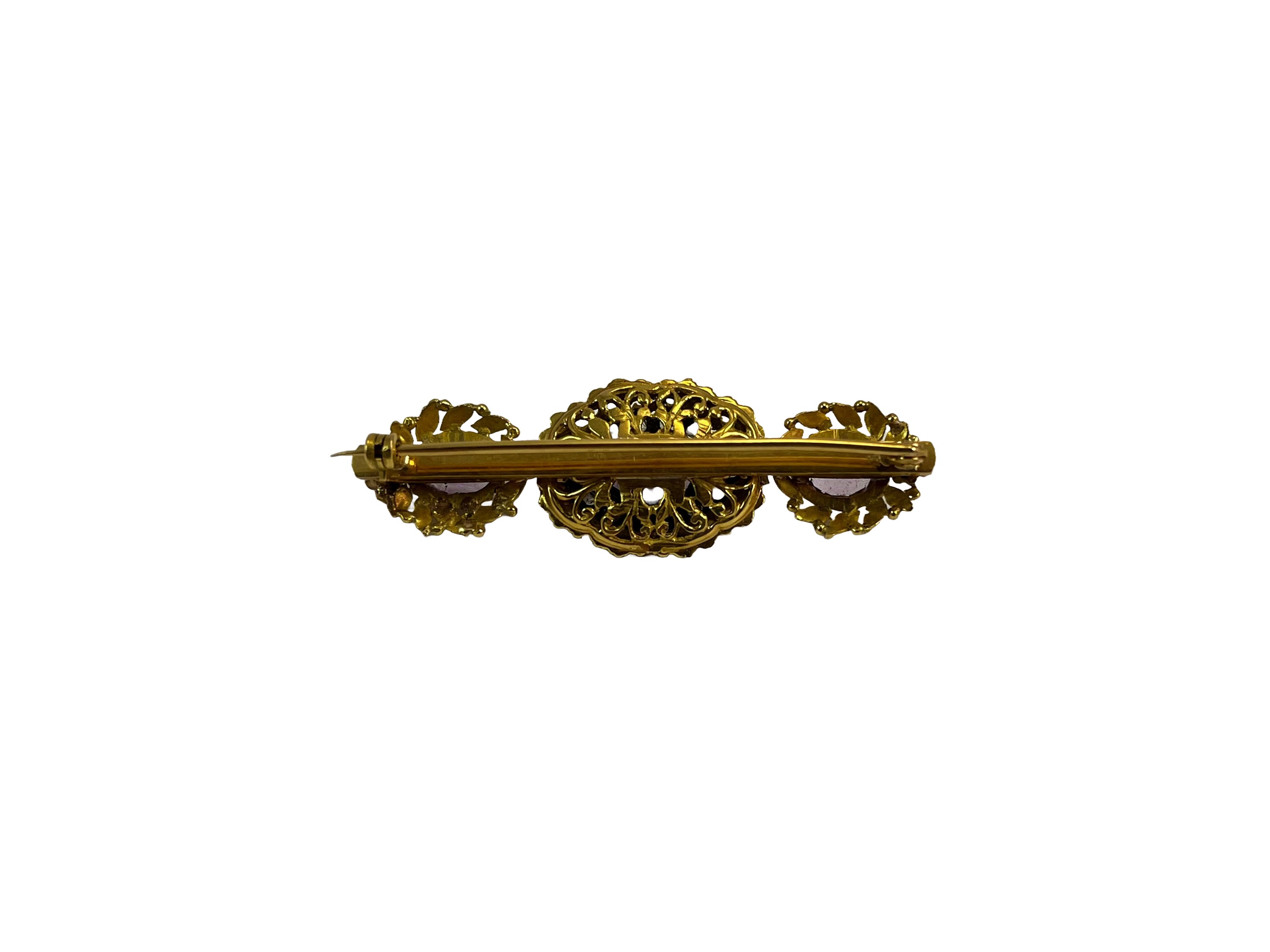 Spilla in Oro Giallo ed Argento con Diamanti ed Ametiste