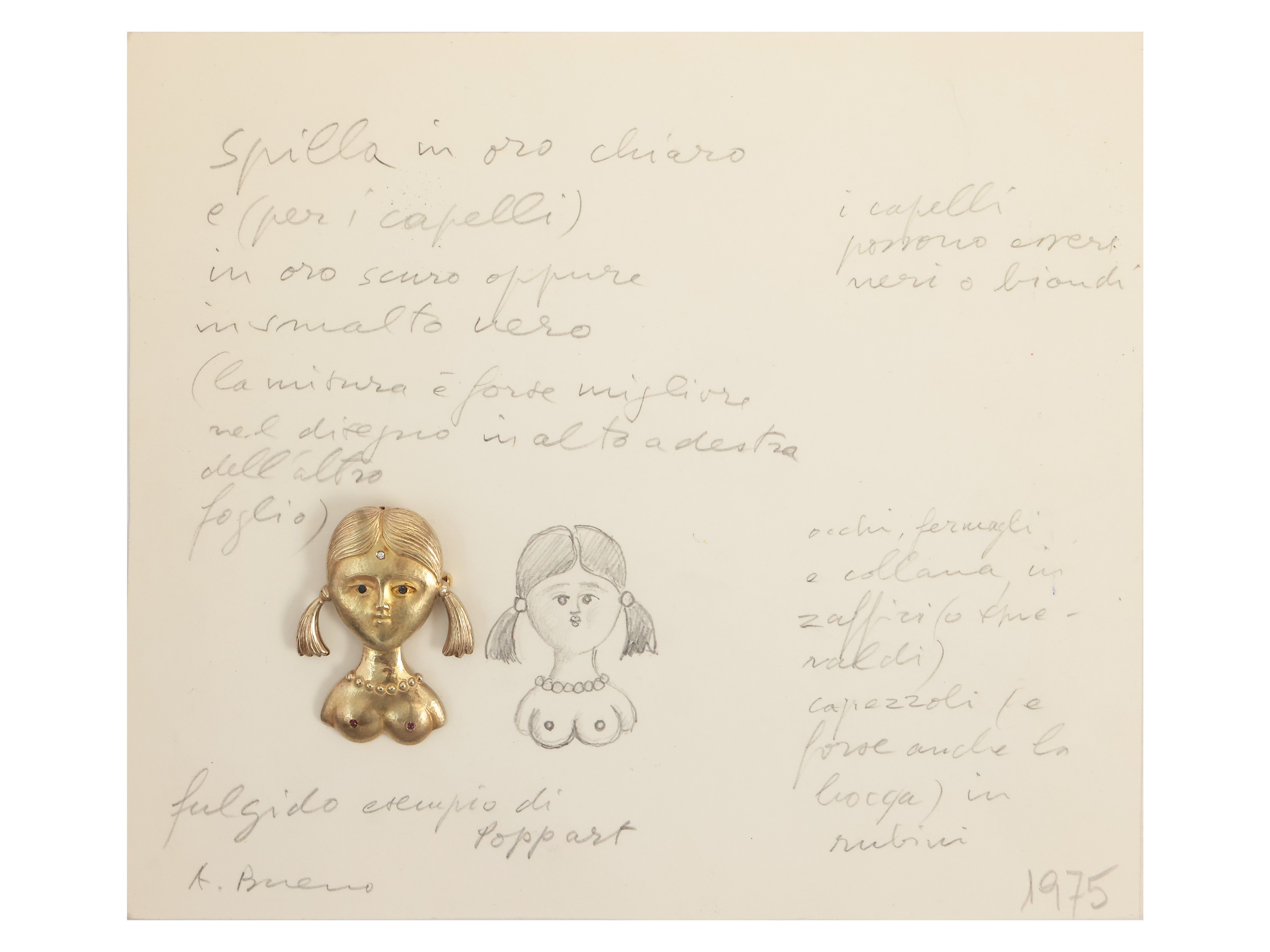 Antonio Bueno - 'la Popputa con Treccine' 1976 Spilla in Oro Giallo con Diamante, Rubini e Zaffir...