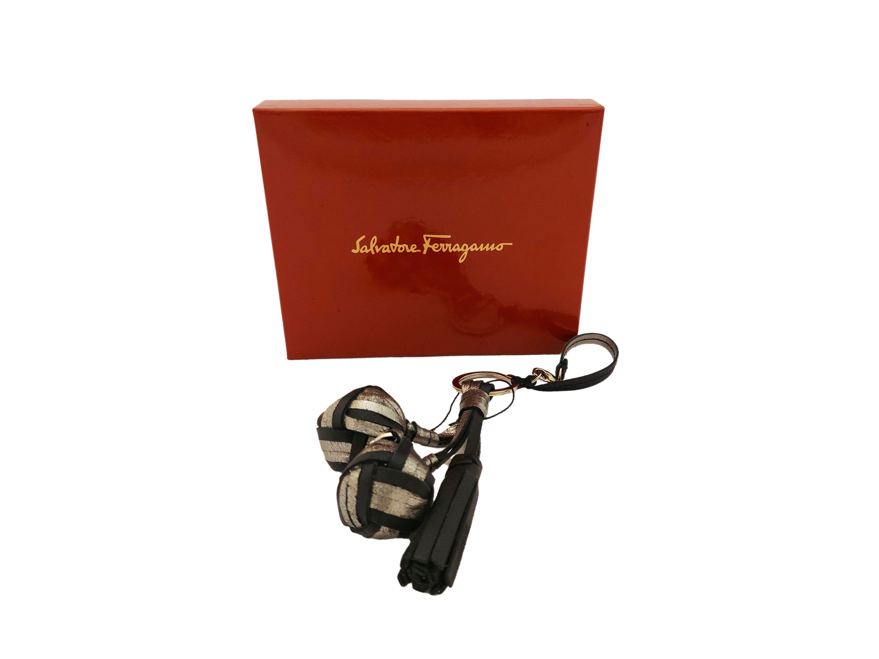 Salvatore Ferragamo, Portachiavi in Pelle Nera e Laminata Argento