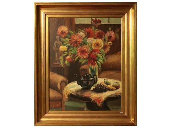 Georges Daumerie - Interno con vaso di fiori 1933