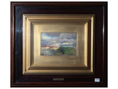 Paesaggio con case, olio su tavoletta
