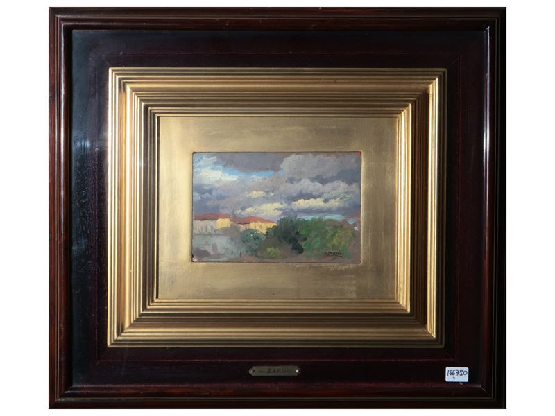 Alberto Zardo - Paesaggio con case, olio su tavoletta