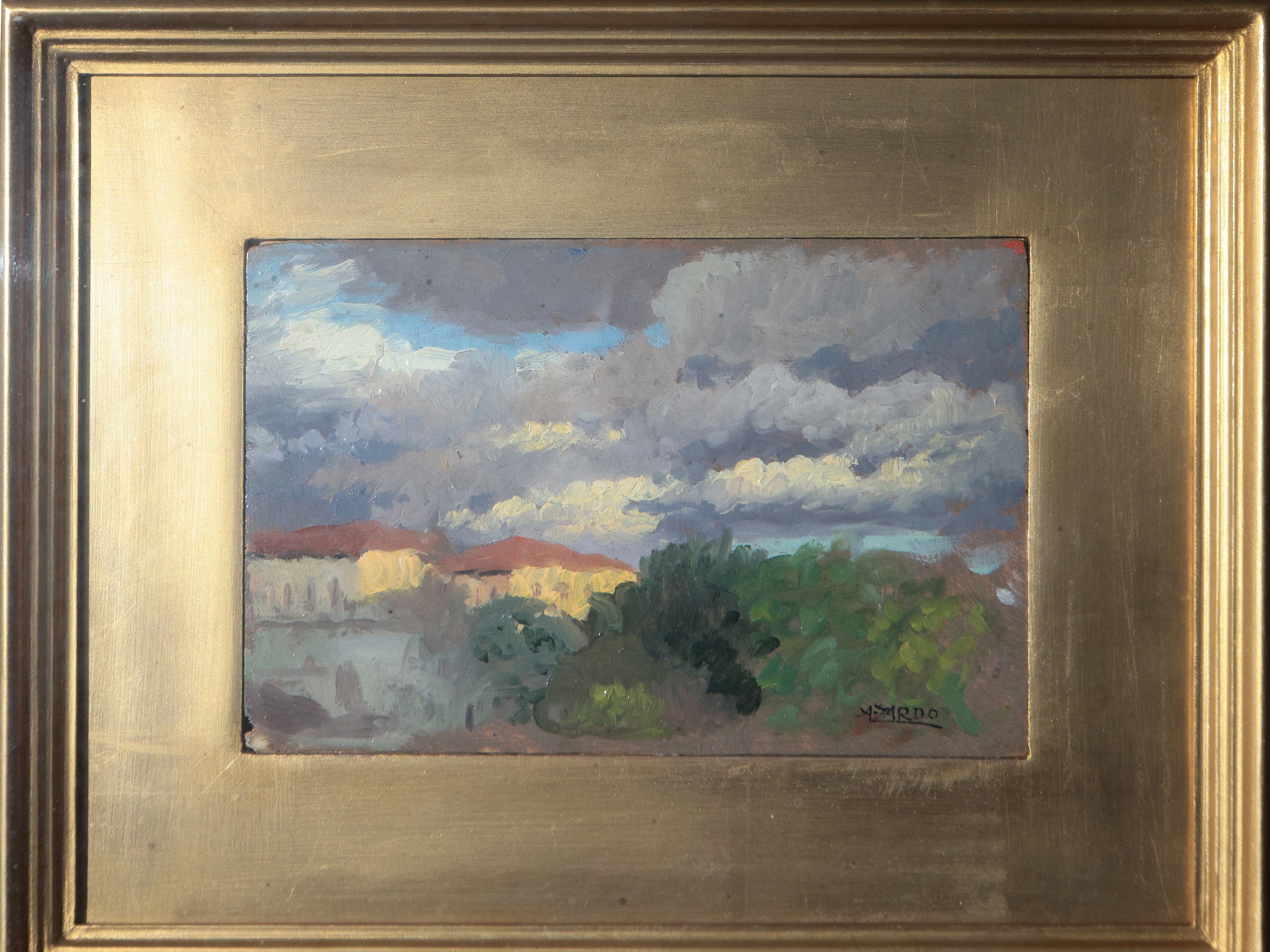 Alberto Zardo - Paesaggio con case, olio su tavoletta