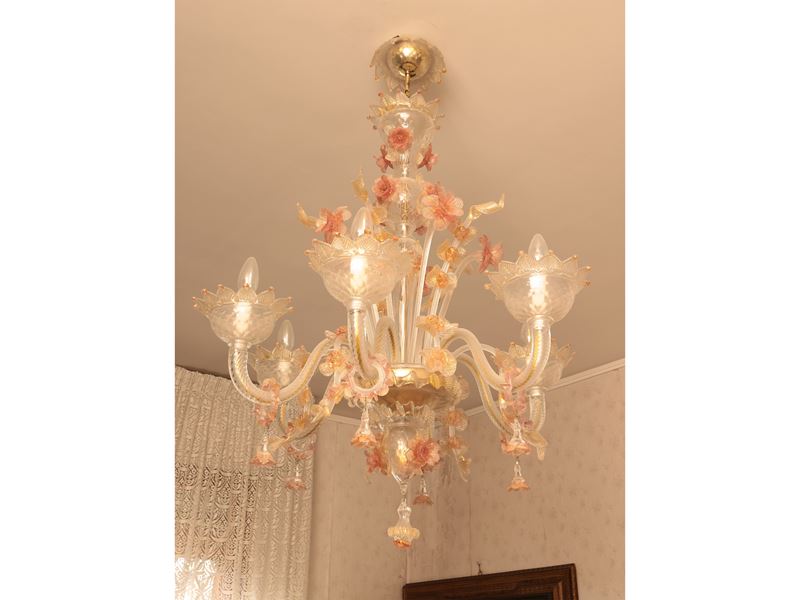 Lampadario in vetro soffiato trasparente, Murano