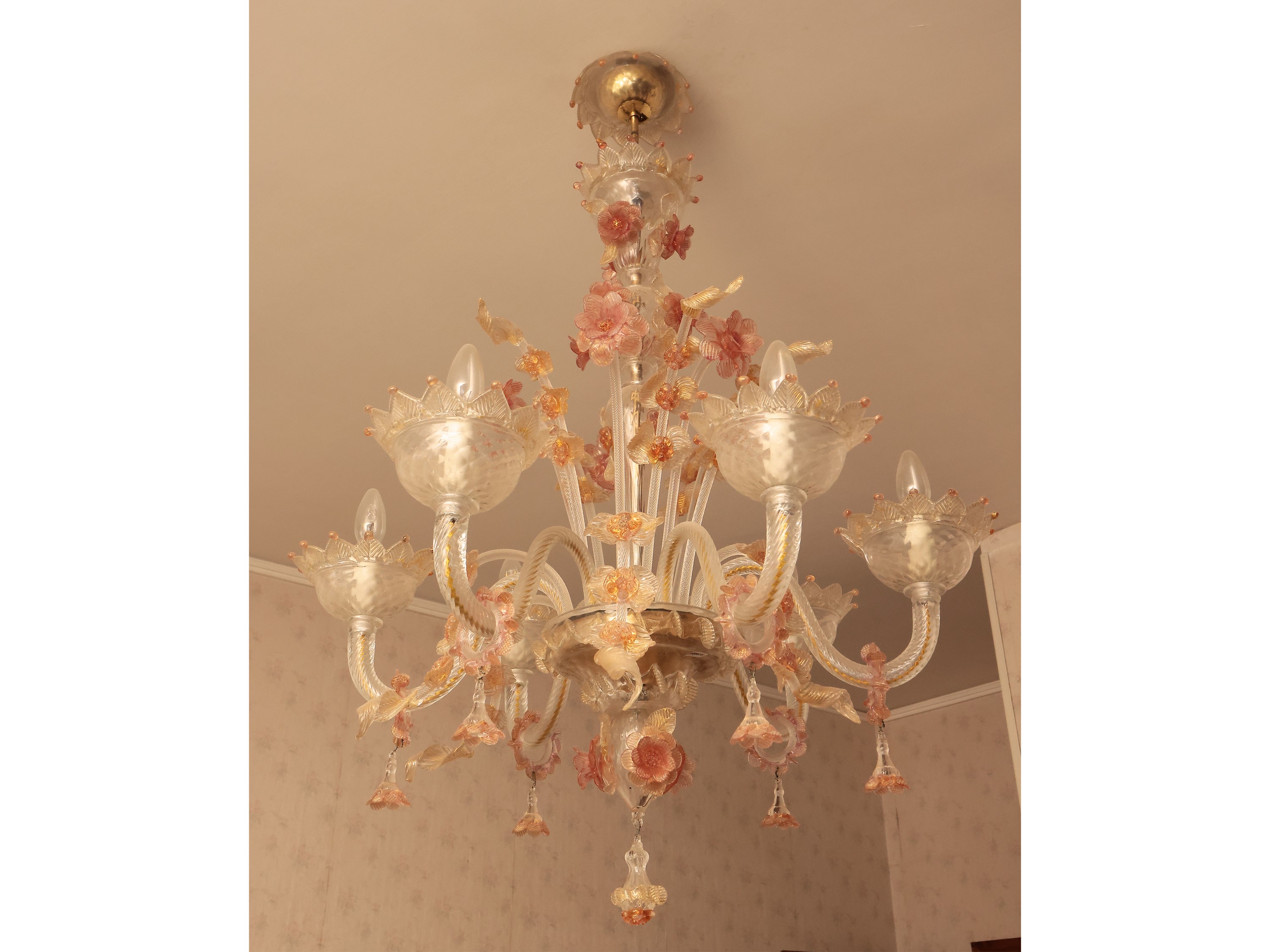 Lampadario in vetro soffiato trasparente, Murano