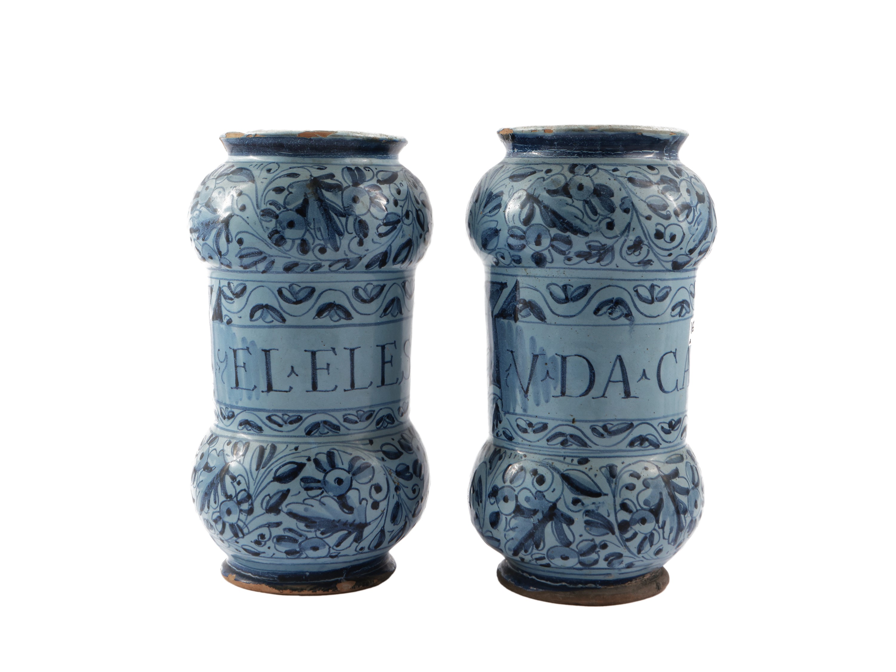 Coppia di albarelli da farmacia, maiolica, Liguria, fine XVIII - inizio XIX secolo