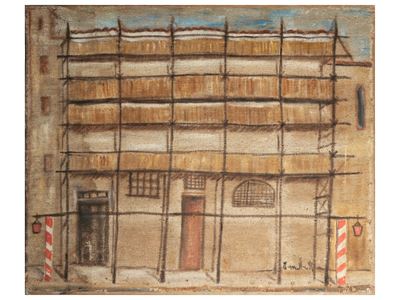 Scorcio cittadino con palazzo e ponteggio, olio su tela
