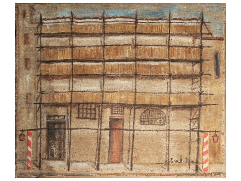 Emilio Malenotti - Scorcio cittadino con palazzo e ponteggio, olio su tela