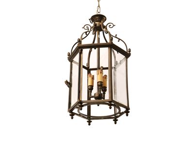 Lampadario a lanterna in metallo e vetro, forma esagonale