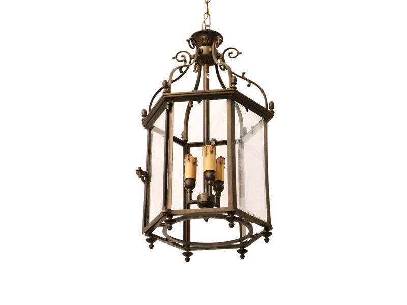 Lampadario a lanterna in metallo e vetro, forma esagonale