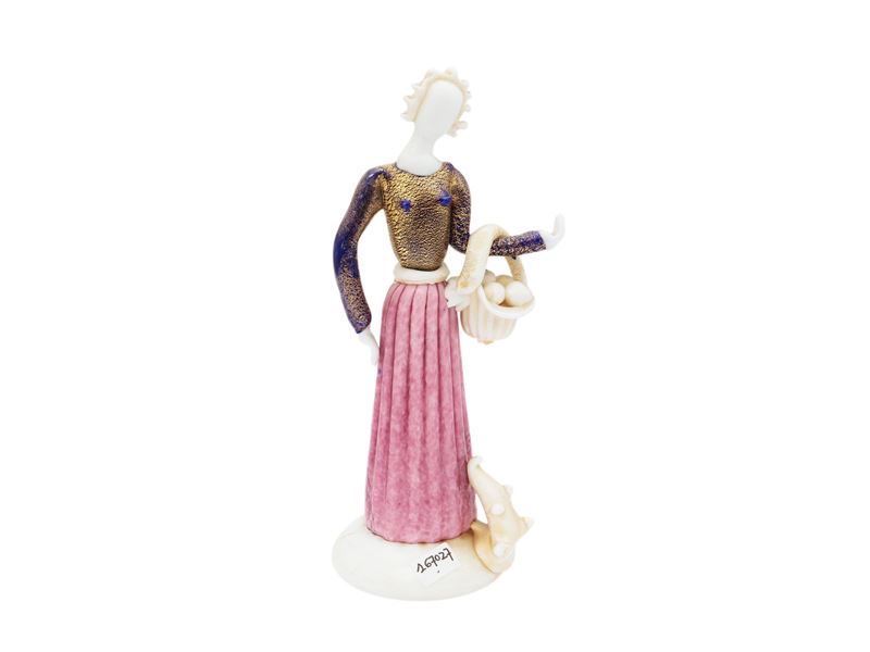 Barovier & Toso, Figura di contadina in vetro lattimo con paste vitree blu e rosa