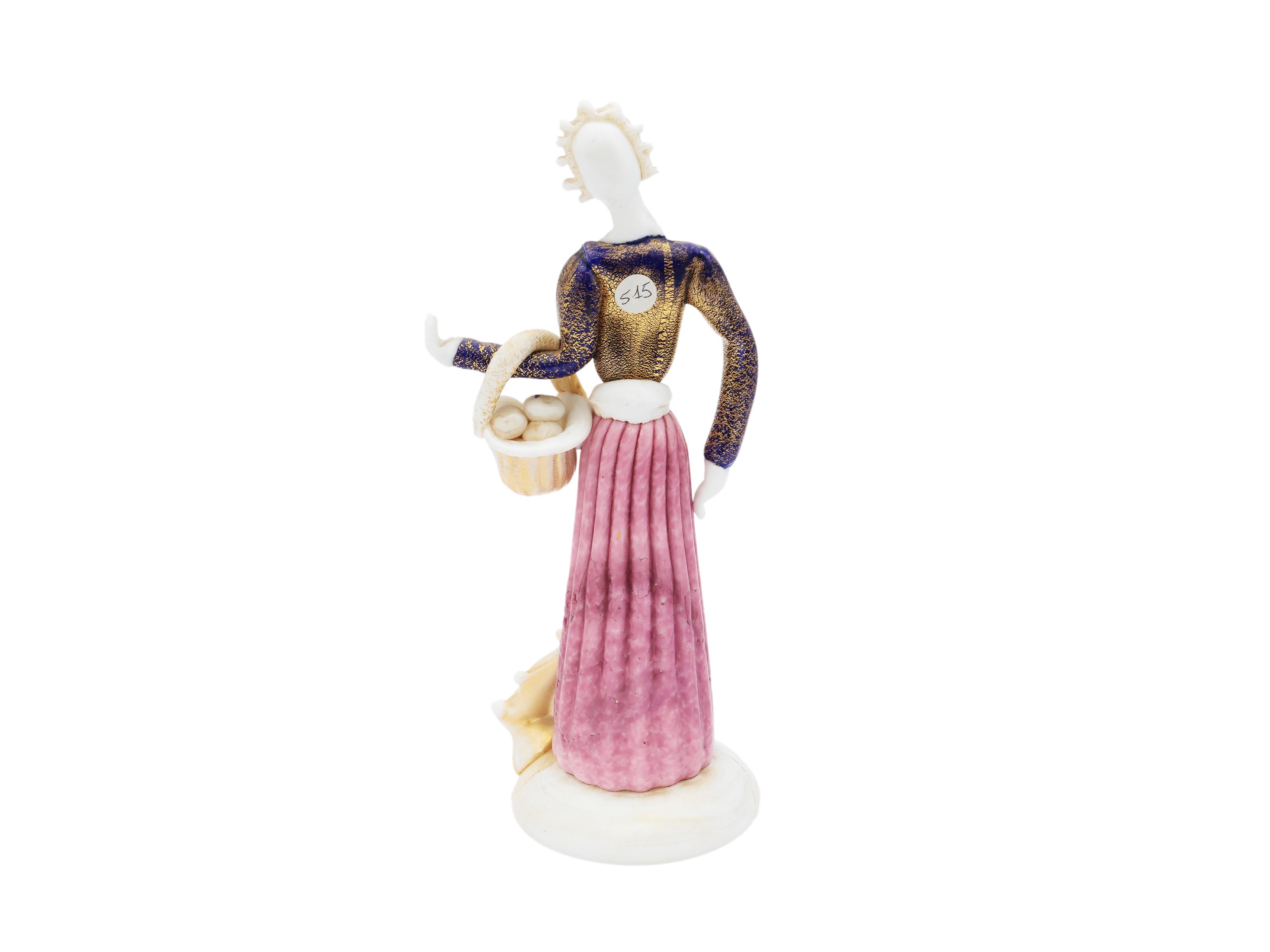 Barovier & Toso, Figura di contadina in vetro lattimo con paste vitree blu e rosa