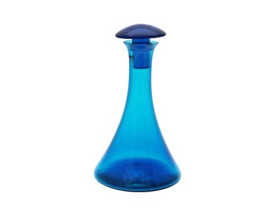 Bottiglia Ve-Art, Vetro azzurro a rigadin con tappo blu, Murano Anni Ottanta