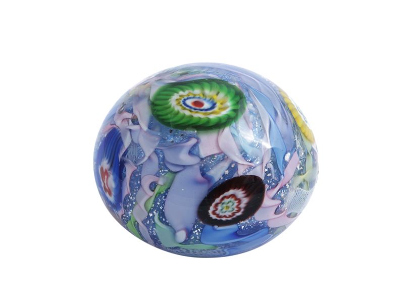 A.Ve.M., Press papier bizantino in vetro sommerso con murrine policrome e argento