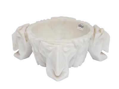 Mortaio eclettico in marmo bianco, altezza 8 cm, diametro 21 cm