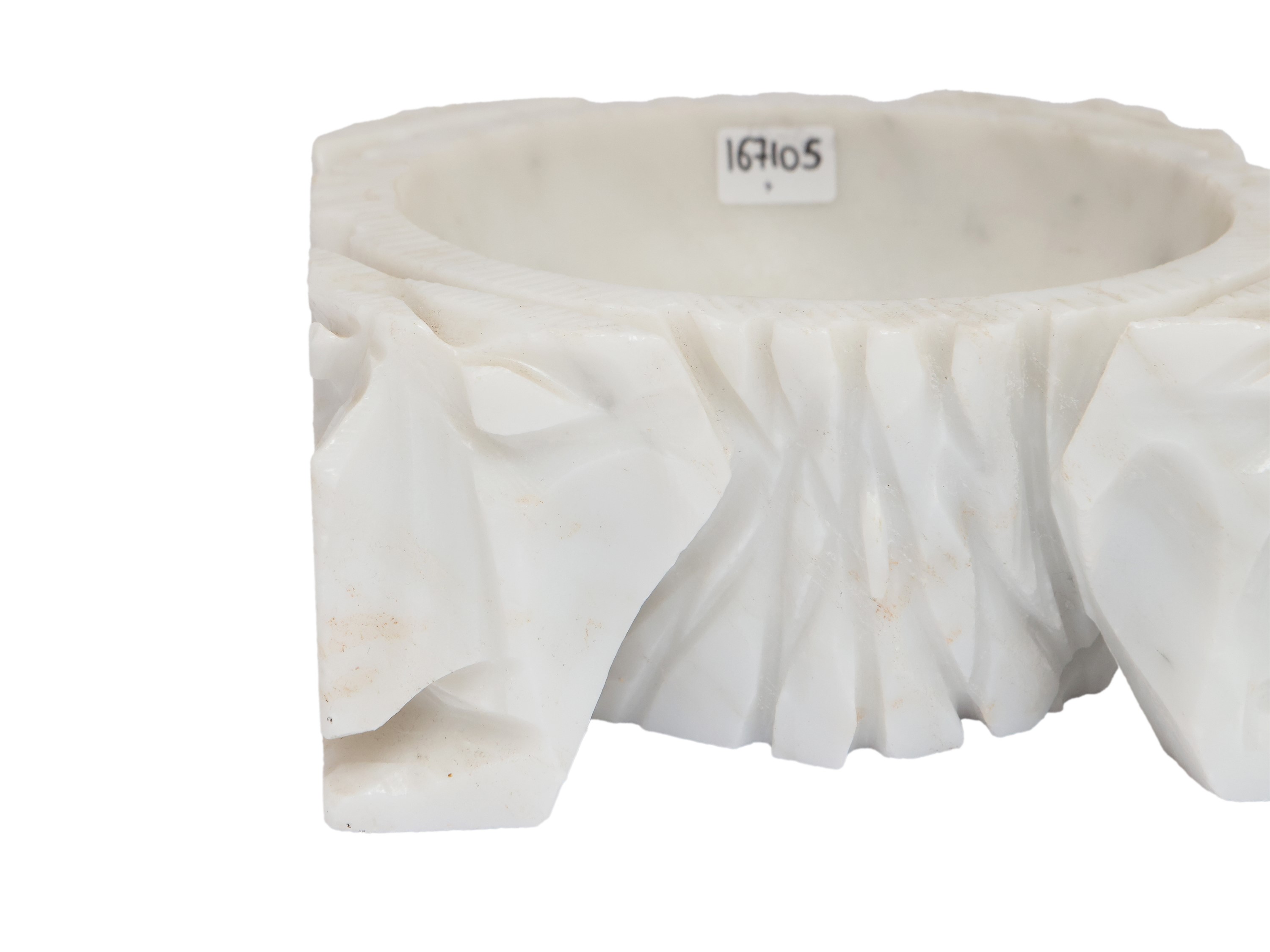 Mortaio eclettico in marmo bianco, altezza 8 cm, diametro 21 cm