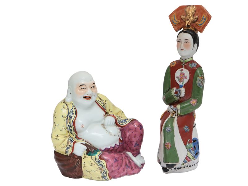 Due figure orientali, porcellana policroma, XX secolo