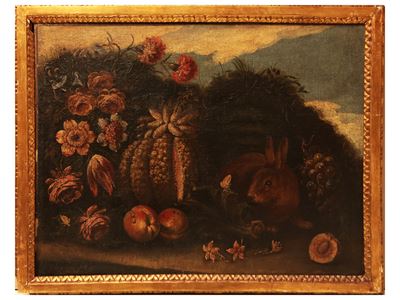 Composizione con trionfo di fiori, zucca e lepre, olio su tela