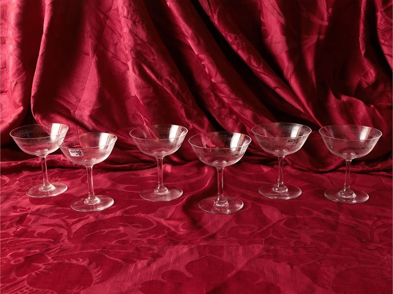 Baccarat, Serie di sei coppe da champagne in cristallo, altezza 11 cm