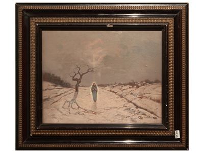 Scena sacra in paesaggio, olio su tavoletta