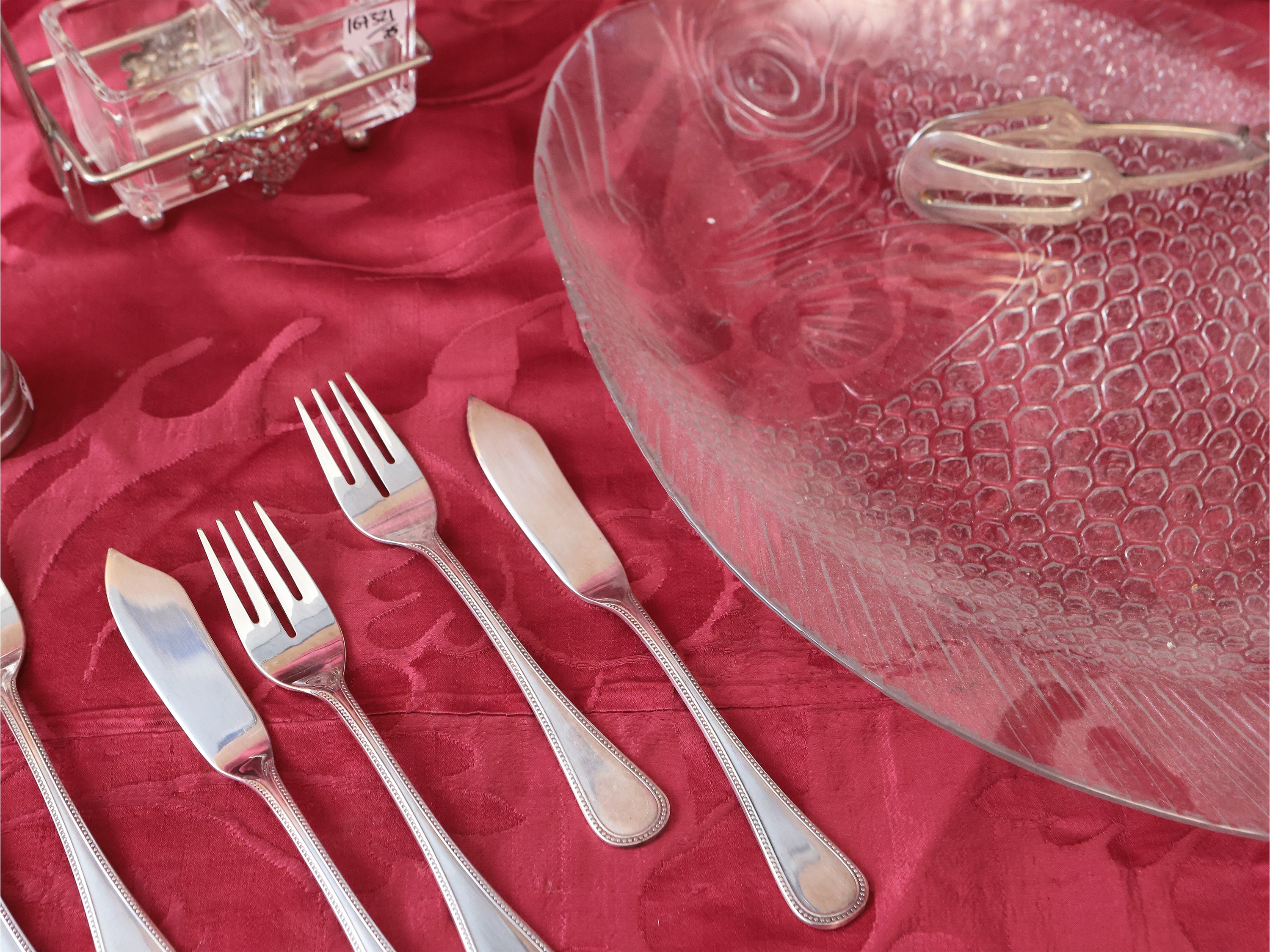 Set di posate da pesce completo per dieci persone, metallo argentato