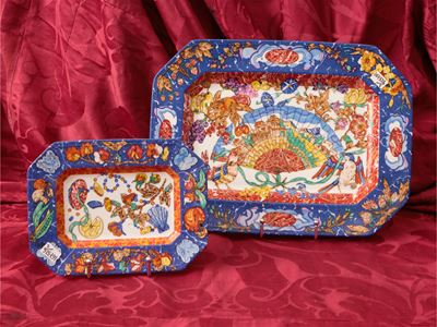 Hermès, Coppia di vassoi in porcellana con decoro Marqueterie