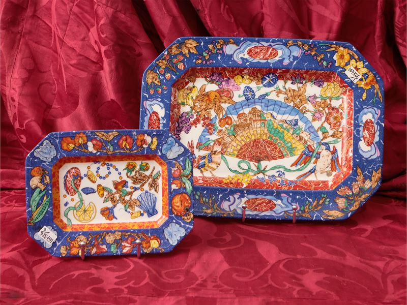 Hermès, Coppia di vassoi in porcellana con decoro Marqueterie