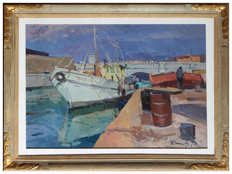 Piero Marchi - Peschereccio, olio su faesite