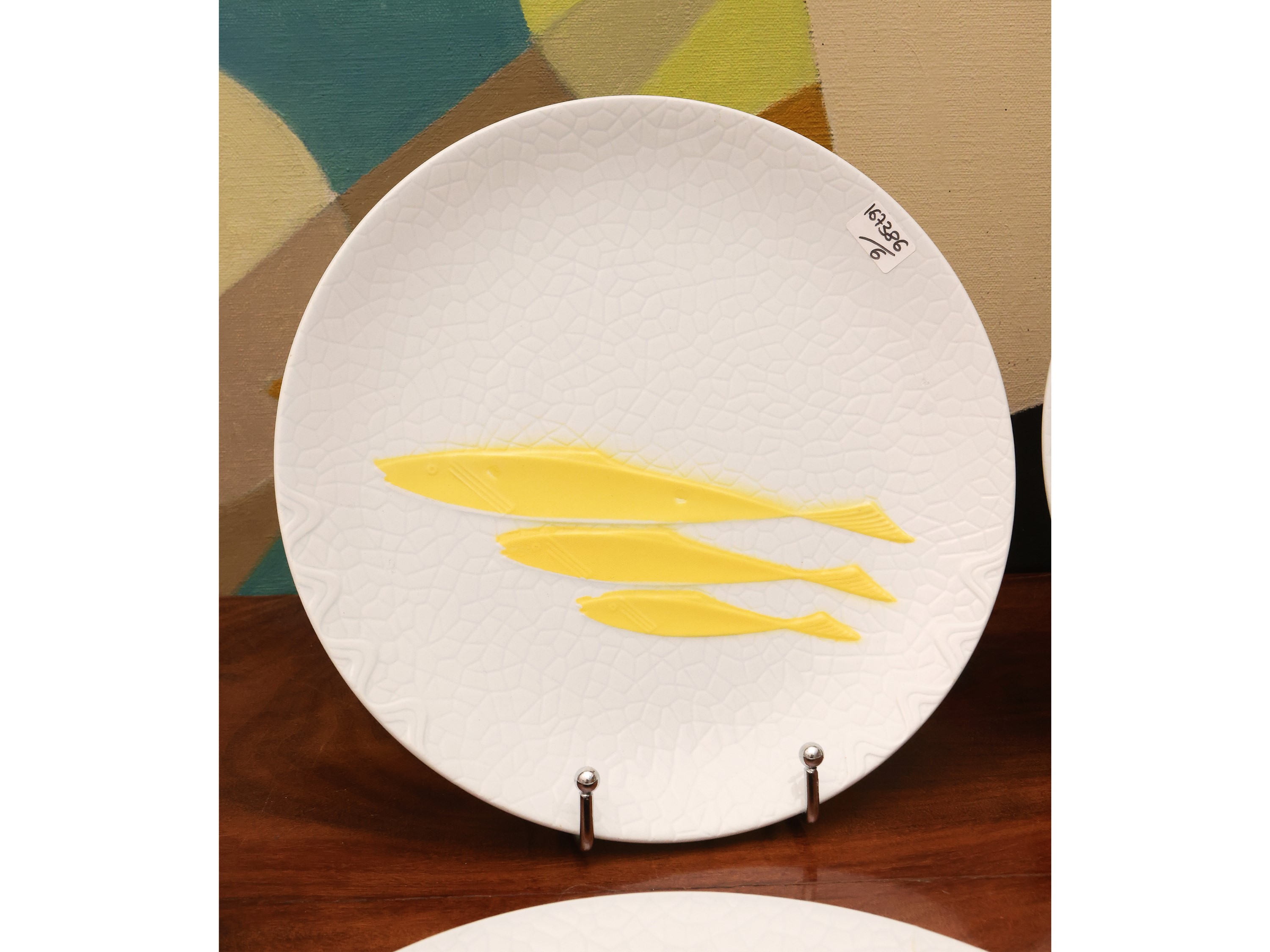 Serie di sei piatti piani in ceramica smaltata, Angelo Simonetto per Galvani