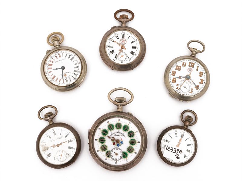 Sei orologi da tasca, due in argento, inizio XX secolo