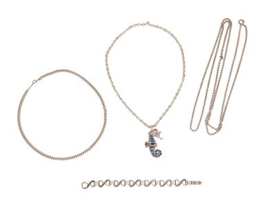 Lotto di bijoux in argento, composto da tre collane e un bracciale con smalti
