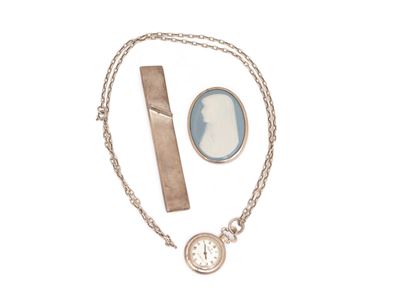 Due spille in argento sterling 925 con placca in porcellana di Limoges e orologio Polaris