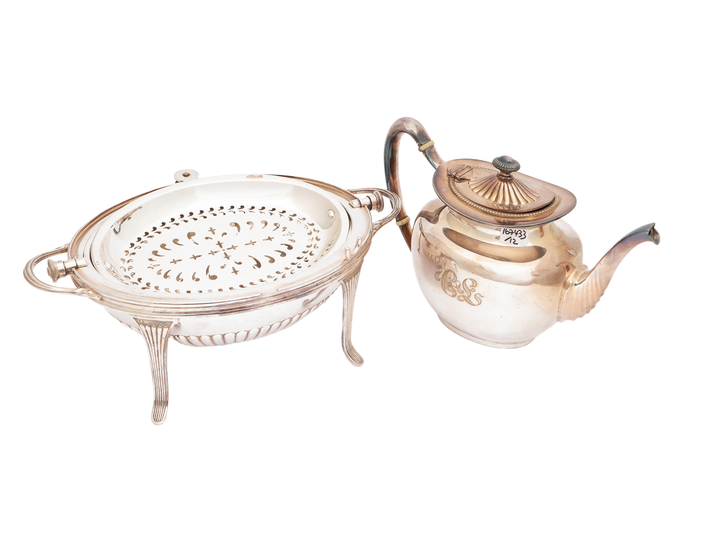 Set di accessori per brunch in metallo argentato, comprendente scaldavivande, legumiera, teiera e...