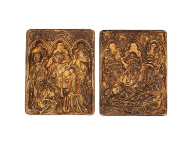 Natività - Adorazione dei Magi, coppia di formelle in bronzo dorato a bassorilievo