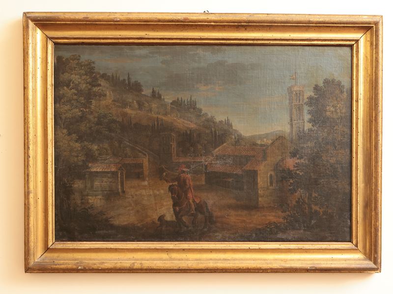 Scuola Toscana della Fine del XVIII Secolo - Paesaggio con Veduta di Chiesa e Falconiere a Cavall...