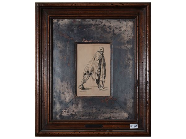 Jacques Callot : I MendicantI: Il mendicante con le stampelle, indossando un cappello  - Asta Dèballage. Occasioni in asta - Maison Bibelot - Casa d'Aste Firenze - Milano