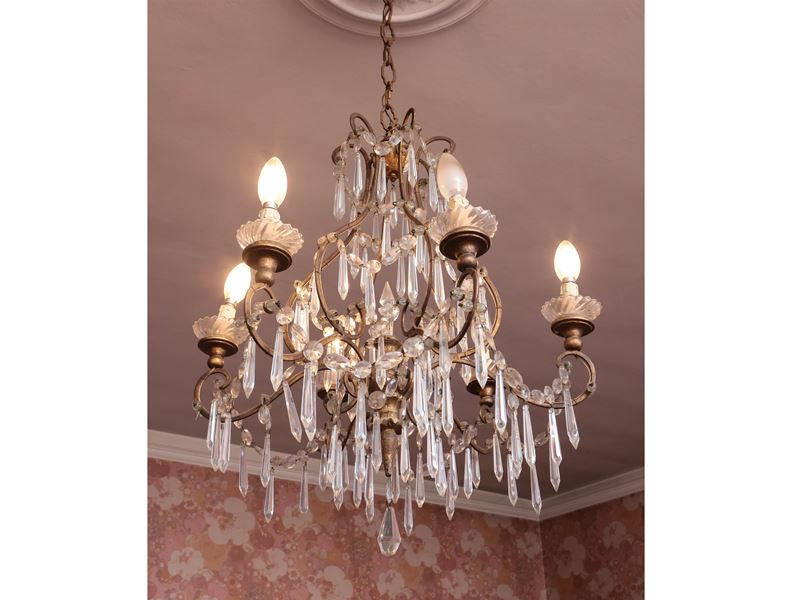 Lampadario in Metallo Dorato e Vetro