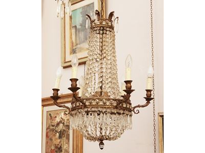 Piccolo Lampadario a Paniere in Cristallo e Bronzo Dorato
