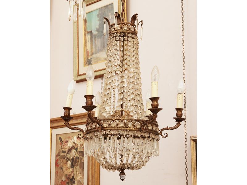 Piccolo Lampadario a Paniere in Cristallo e Bronzo Dorato
