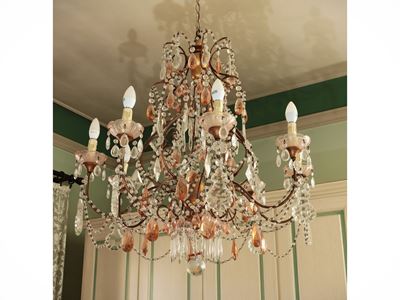 Lampadario a Paniere in Metallo Dorato e Vetro