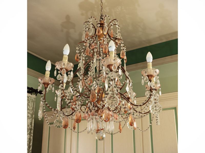 Lampadario a Paniere in Metallo Dorato e Vetro