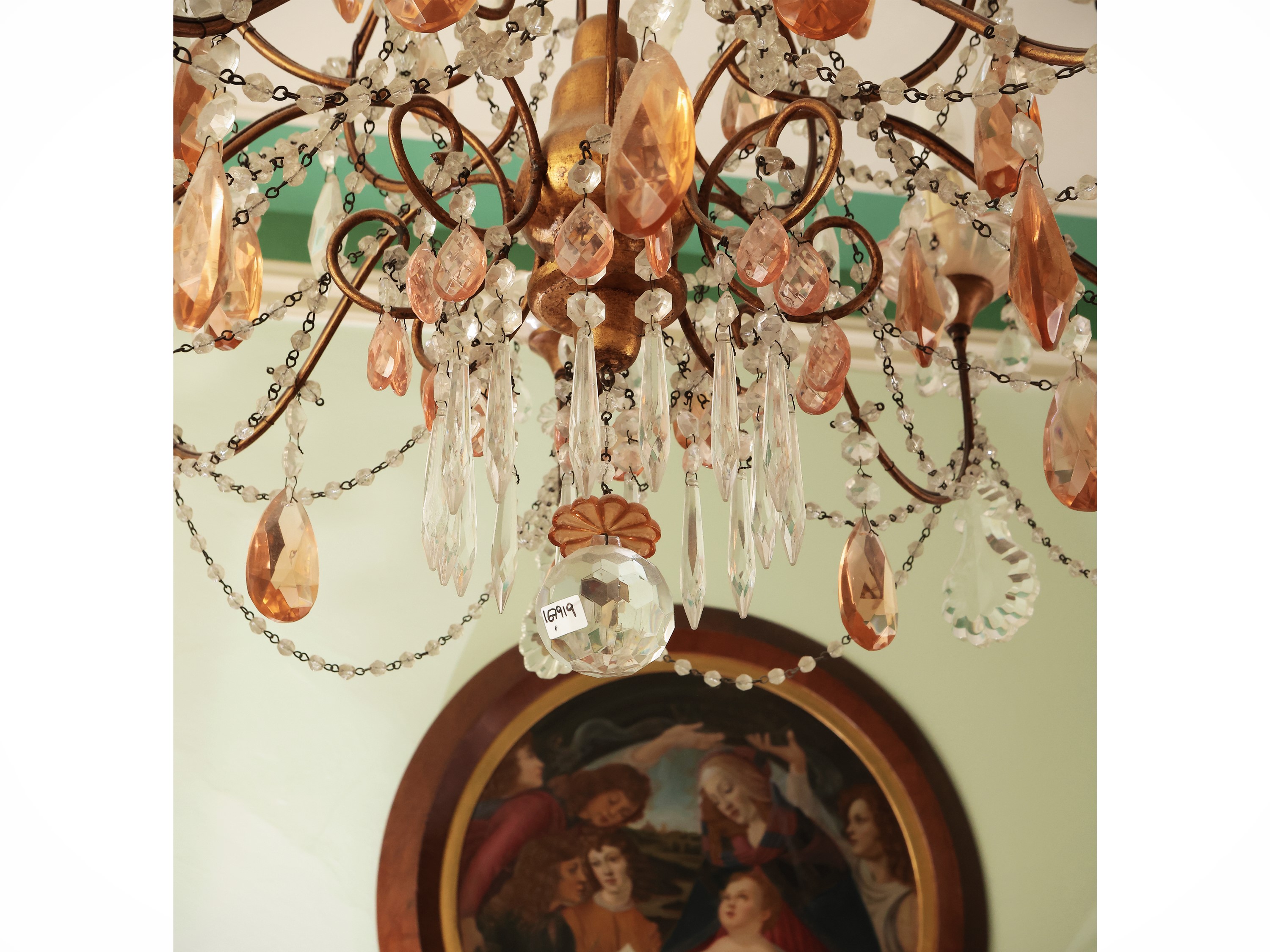 Lampadario a Paniere in Metallo Dorato e Vetro