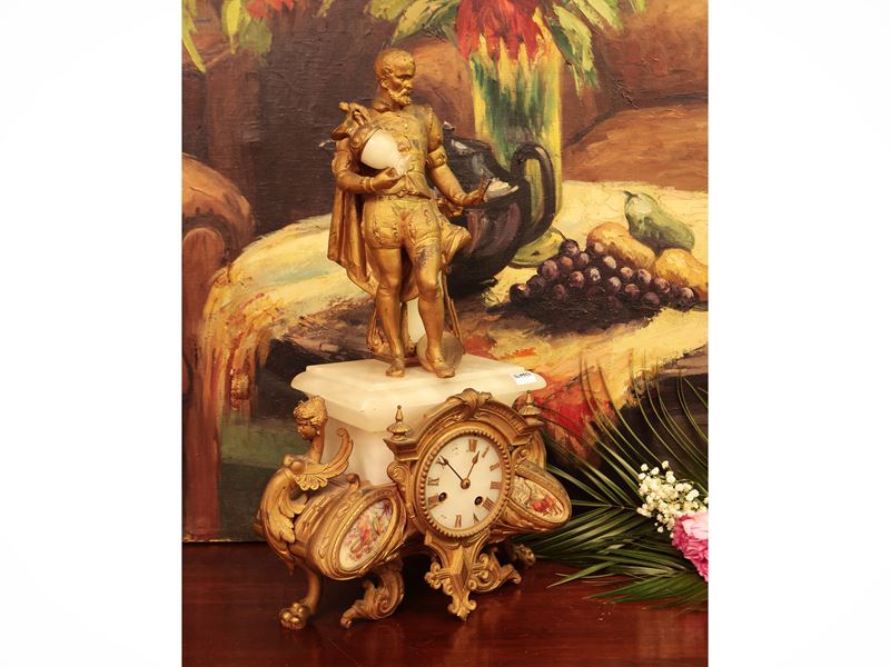 Orologio da Tavolo in Metallo Dorato e Alabastro