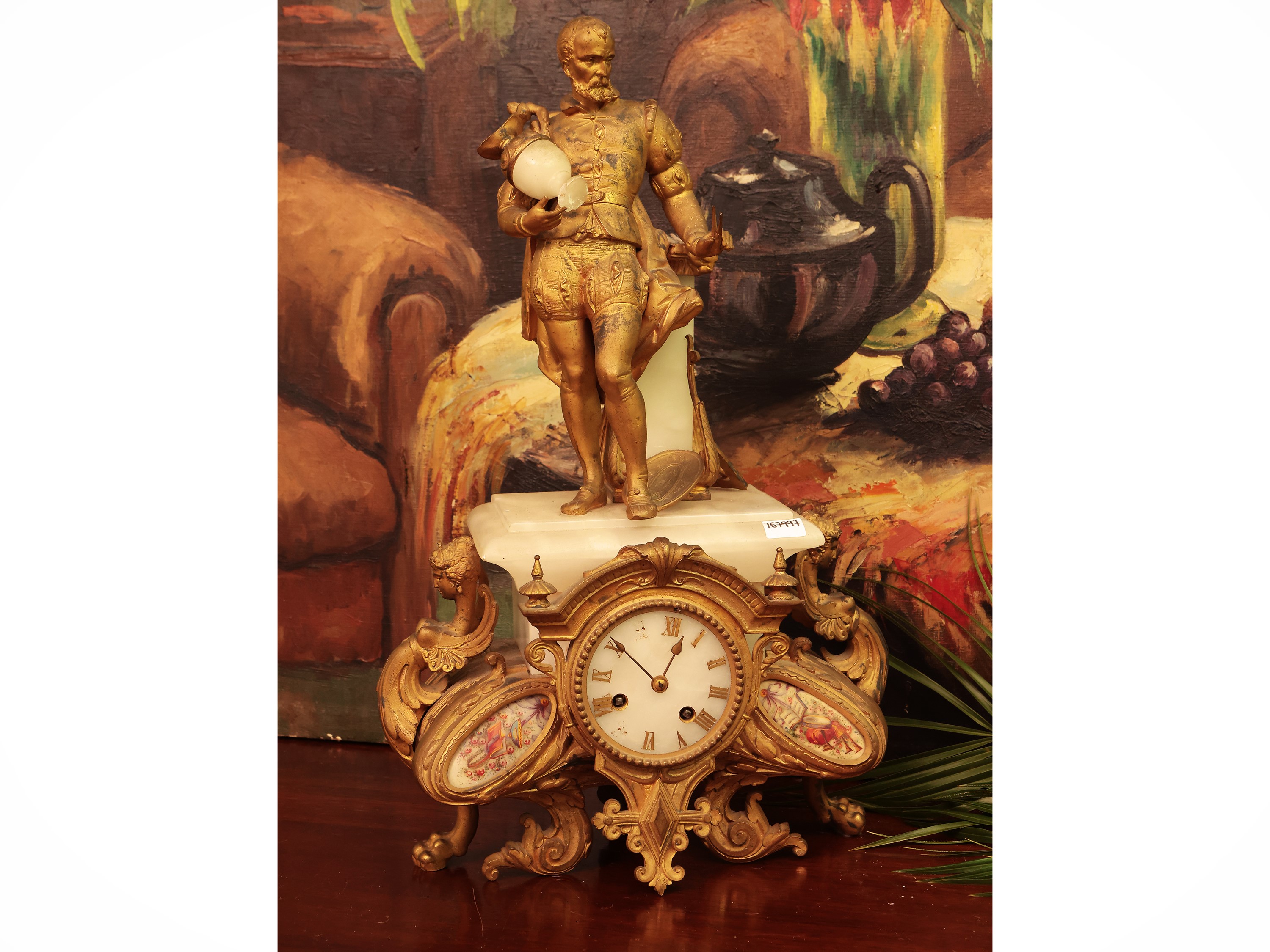 Orologio da Tavolo in Metallo Dorato e Alabastro