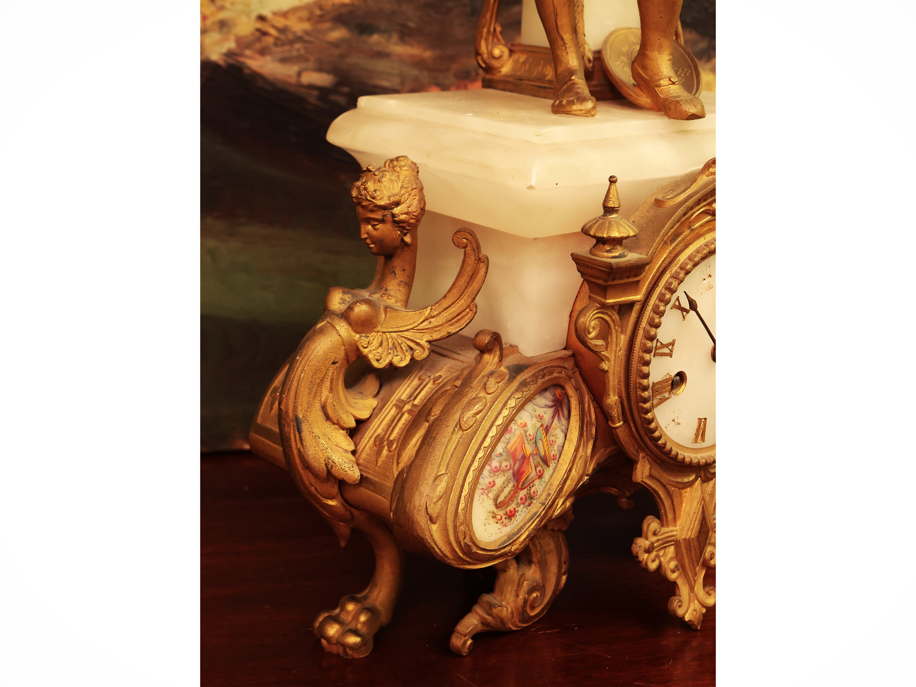 Orologio da Tavolo in Metallo Dorato e Alabastro